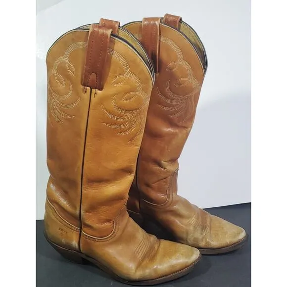 Frye Unisex Western Cowboy Cattleman Boots Size 9D Leather Tan USA
