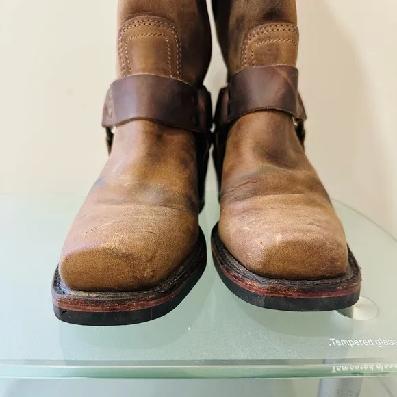 Frye Women's Motorcycle Harness Boots Leather Brown Square Toe Size 6 M