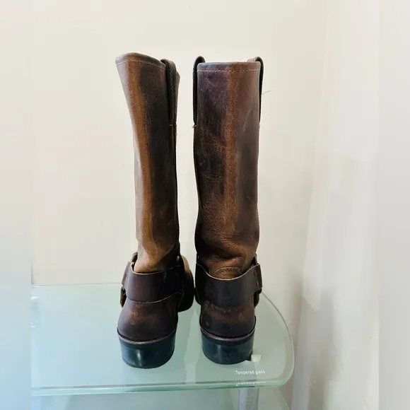 Frye Women's Motorcycle Harness Boots Leather Brown Square Toe Size 6 M