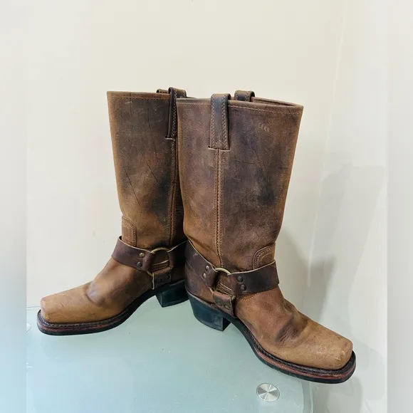 Frye Women's Motorcycle Harness Boots Leather Brown Square Toe Size 6 M