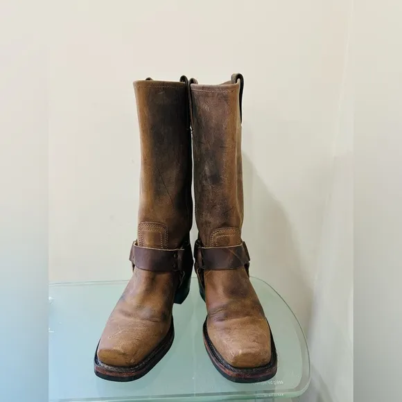 Frye Women's Motorcycle Harness Boots Leather Brown Square Toe Size 6 M