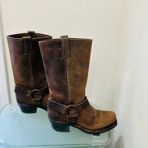 Frye Women's Motorcycle Harness Boots Leather Brown Square Toe Size 6 M