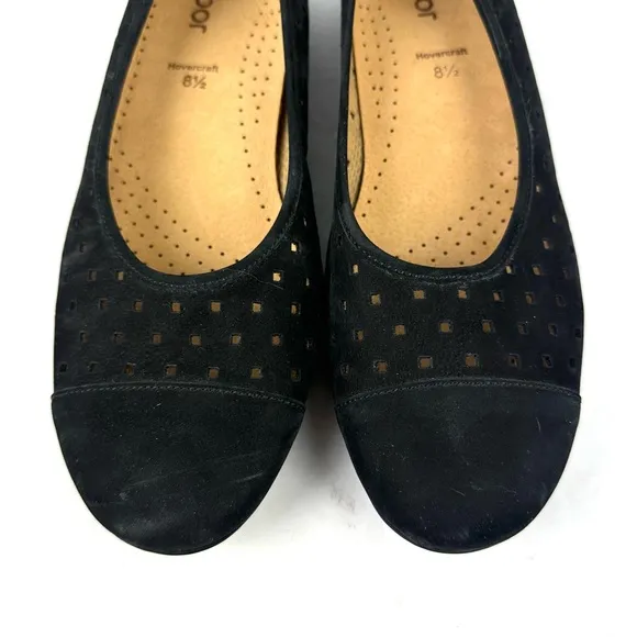 Gabor Flats US 11 Black Suede Perforated Slip On Shoes Womens Comfort UK 8.5