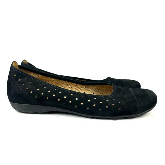 Gabor Flats US 11 Black Suede Perforated Slip On Shoes Womens Comfort UK 8.5