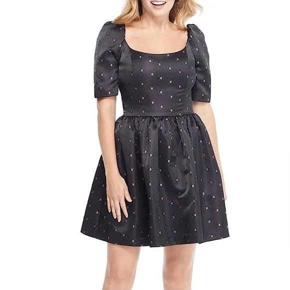 Gal Meets Glam Floral Jacquard Satin Babydoll Mini Dress Bow Back Black Pink 12