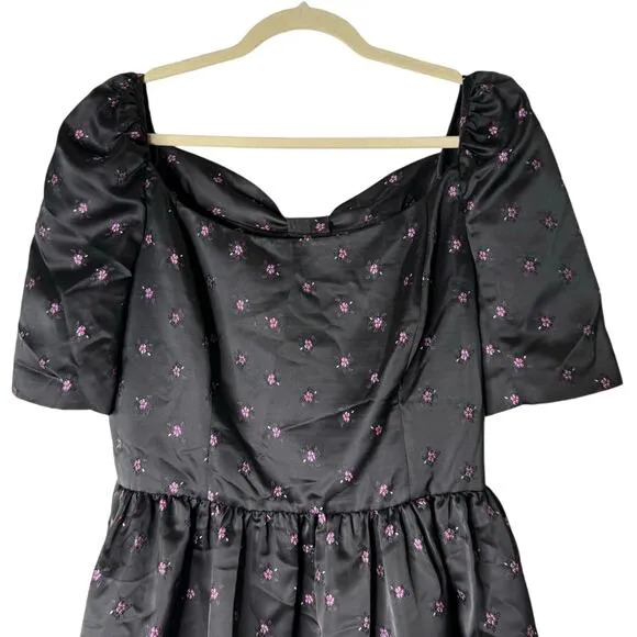Gal Meets Glam Floral Jacquard Satin Babydoll Mini Dress Bow Back Black Pink 12