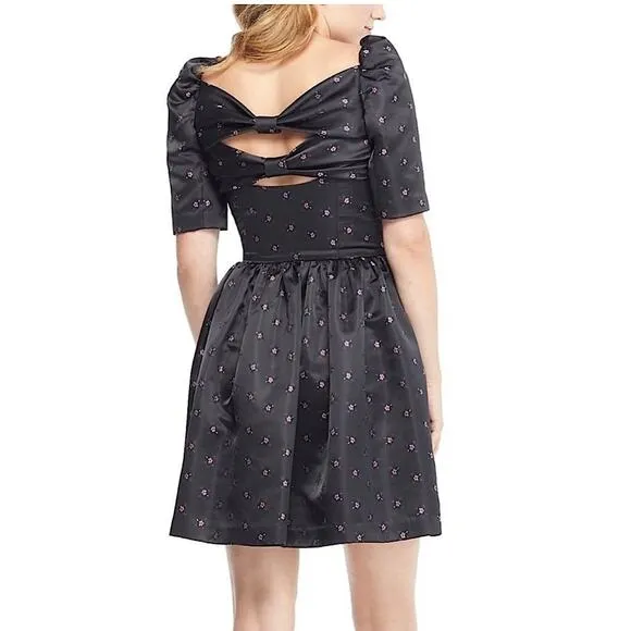 Gal Meets Glam Floral Jacquard Satin Babydoll Mini Dress Bow Back Black Pink 12