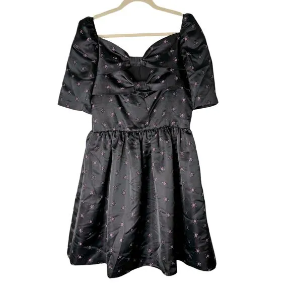 Gal Meets Glam Floral Jacquard Satin Babydoll Mini Dress Bow Back Black Pink 12