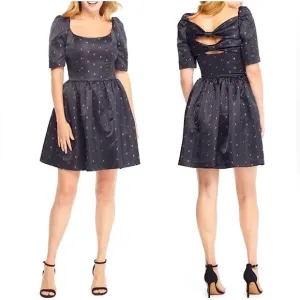 Gal Meets Glam Floral Jacquard Satin Babydoll Mini Dress Bow Back Black Pink 12