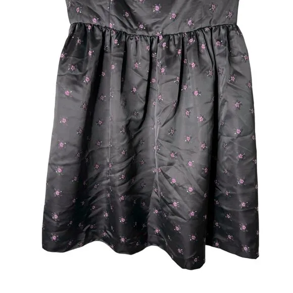 Gal Meets Glam Floral Jacquard Satin Babydoll Mini Dress Bow Back Black Pink 12