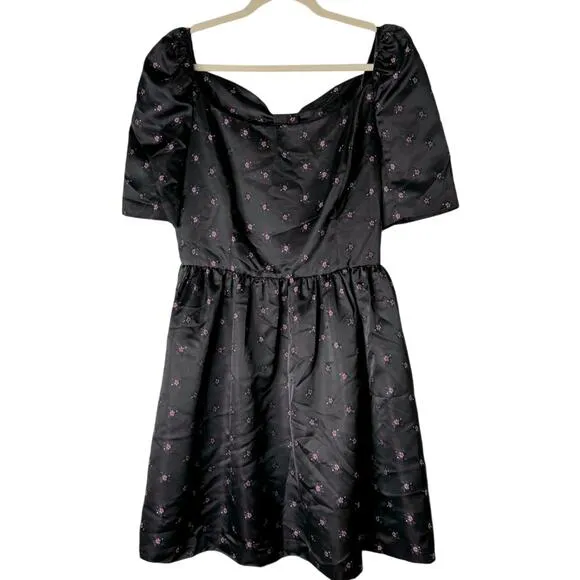 Gal Meets Glam Floral Jacquard Satin Babydoll Mini Dress Bow Back Black Pink 12