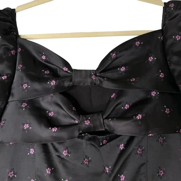 Gal Meets Glam Floral Jacquard Satin Babydoll Mini Dress Bow Back Black Pink 12