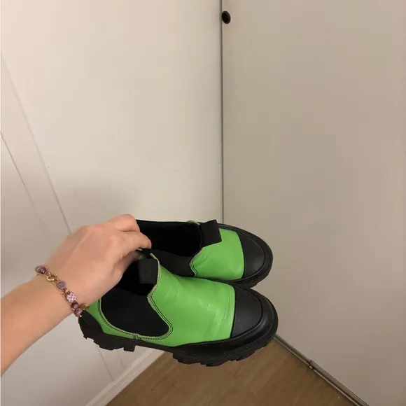 Ganni Flash Green Leather Chunky Ankle Rubber Lug Boots