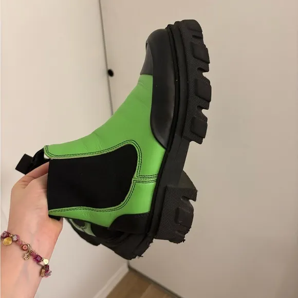 Ganni Flash Green Leather Chunky Ankle Rubber Lug Boots