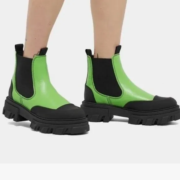 Ganni Flash Green Leather Chunky Ankle Rubber Lug Boots