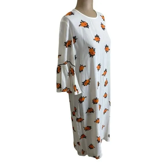 Ganni White Orange Floral Print Short Ruffle Sleeve Mini Dress size 4