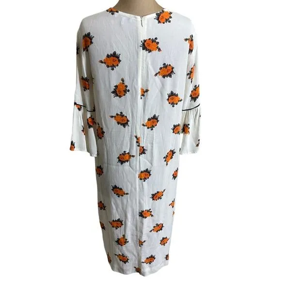 Ganni White Orange Floral Print Short Ruffle Sleeve Mini Dress size 4