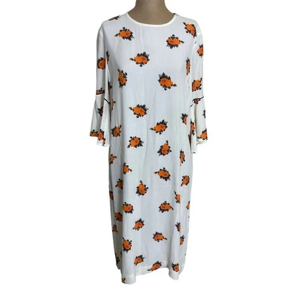 Ganni White Orange Floral Print Short Ruffle Sleeve Mini Dress size 4