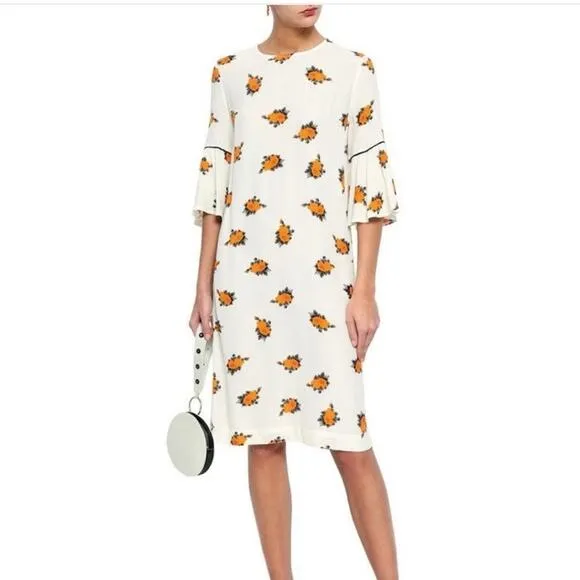 Ganni White Orange Floral Print Short Ruffle Sleeve Mini Dress size 4