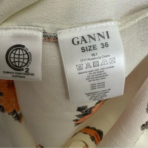 Ganni White Orange Floral Print Short Ruffle Sleeve Mini Dress size 4