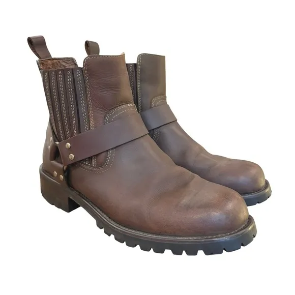 GBX Dorado Leather Harness Ankle Moto Boots Brown Pull On Mens 11D Grunge Rustic