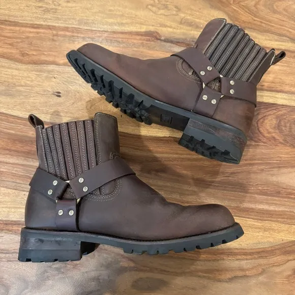 GBX Dorado Leather Harness Ankle Moto Boots Brown Pull On Mens 11D Grunge Rustic