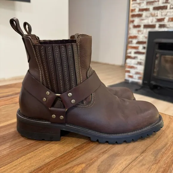 GBX Dorado Leather Harness Ankle Moto Boots Brown Pull On Mens 11D Grunge Rustic