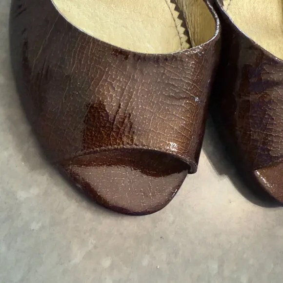 Gianni Bini Brown Crackled Leather Peep Toe Slingback Wedges – Size 9M