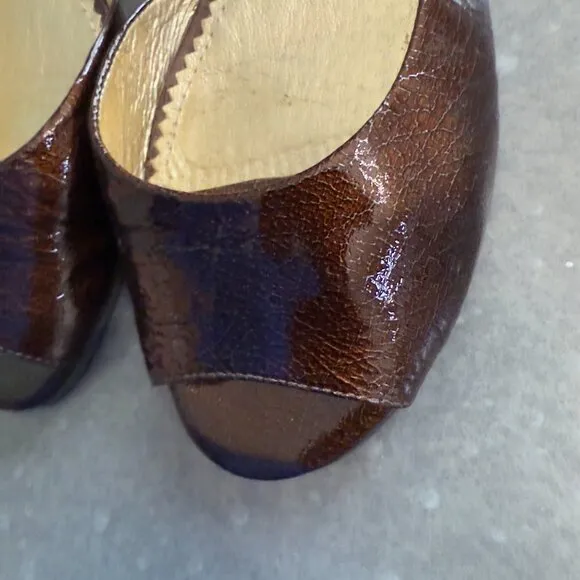 Gianni Bini Brown Crackled Leather Peep Toe Slingback Wedges – Size 9M