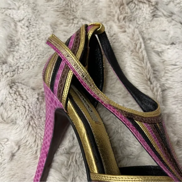 Gold Pink Tango High Heels | Strappy Metallic Open Toe Party Shoes for Dancing