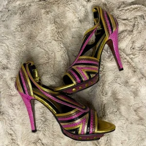 Gold Pink Tango High Heels | Strappy Metallic Open Toe Party Shoes for Dancing