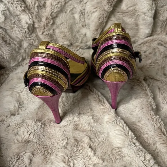 Gold Pink Tango High Heels | Strappy Metallic Open Toe Party Shoes for Dancing
