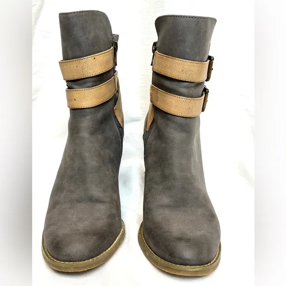 Gray &amp; Tan 3” Heel Ankle Boots, Faux Strap Buckles, Side Zip, Size 8, fromRebels