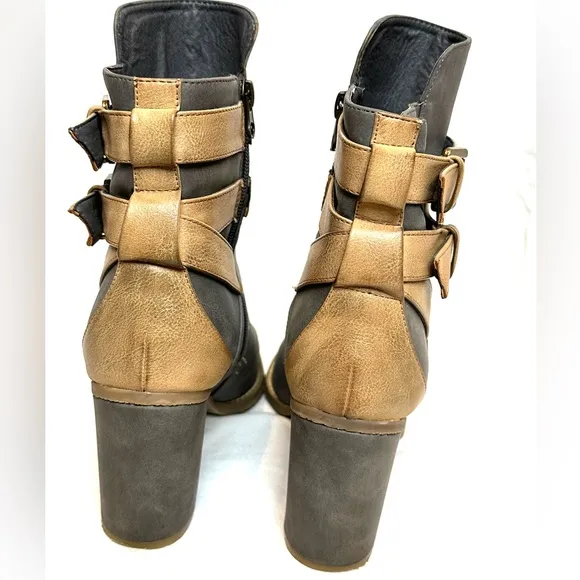 Gray &amp; Tan 3” Heel Ankle Boots, Faux Strap Buckles, Side Zip, Size 8, fromRebels