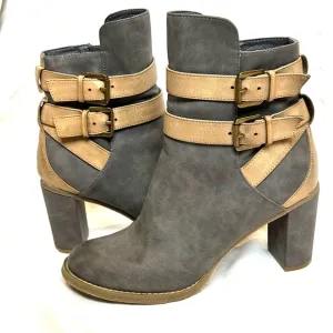 Gray &amp; Tan 3” Heel Ankle Boots, Faux Strap Buckles, Side Zip, Size 8, fromRebels
