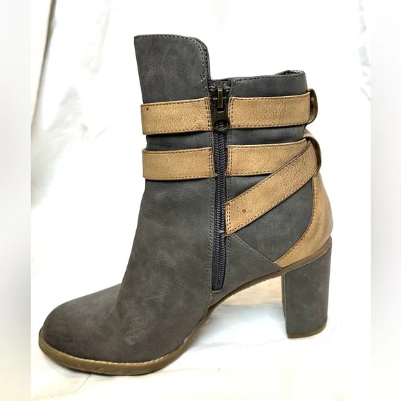 Gray &amp; Tan 3” Heel Ankle Boots, Faux Strap Buckles, Side Zip, Size 8, fromRebels