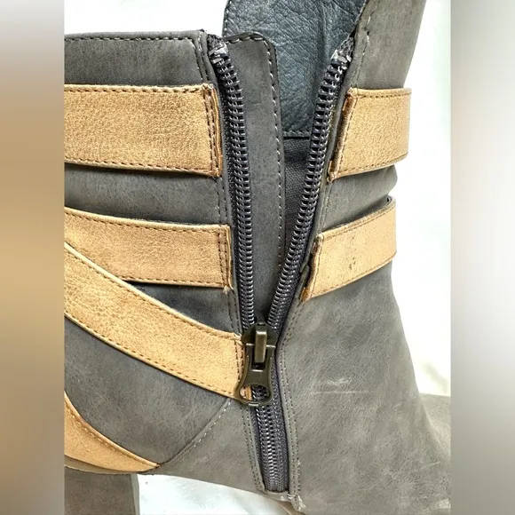 Gray &amp; Tan 3” Heel Ankle Boots, Faux Strap Buckles, Side Zip, Size 8, fromRebels