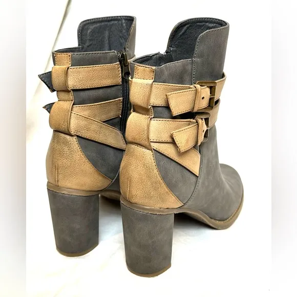 Gray &amp; Tan 3” Heel Ankle Boots, Faux Strap Buckles, Side Zip, Size 8, fromRebels