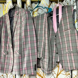 Gray and Pink Plaid Men's Suit Set