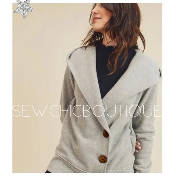 Gray Side Big Button Hoodie Jacket Cardigan
