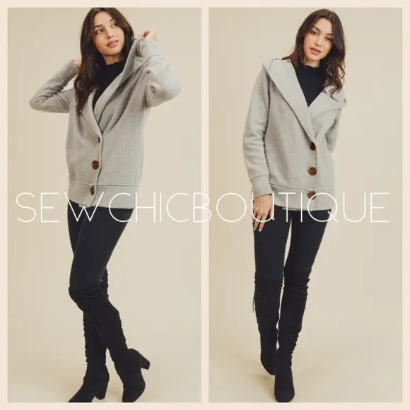Gray Side Big Button Hoodie Jacket Cardigan