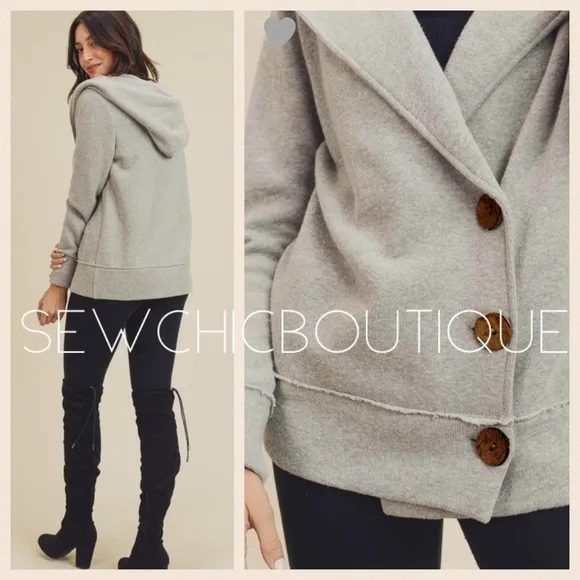 Gray Side Big Button Hoodie Jacket Cardigan