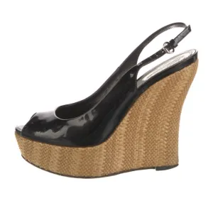 Gucci Black Patent Leather Peep Toe Wedge Sandals with Slingback Size IT 37