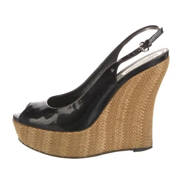 Gucci Black Patent Leather Peep Toe Wedge Sandals with Slingback Size IT 37