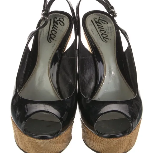 Gucci Black Patent Leather Peep Toe Wedge Sandals with Slingback Size IT 37