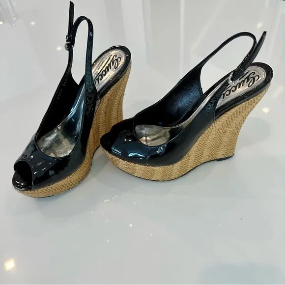 Gucci Black Patent Leather Platform Wedges
