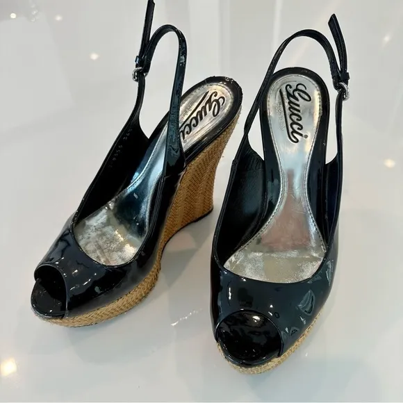 Gucci Black Patent Leather Platform Wedges