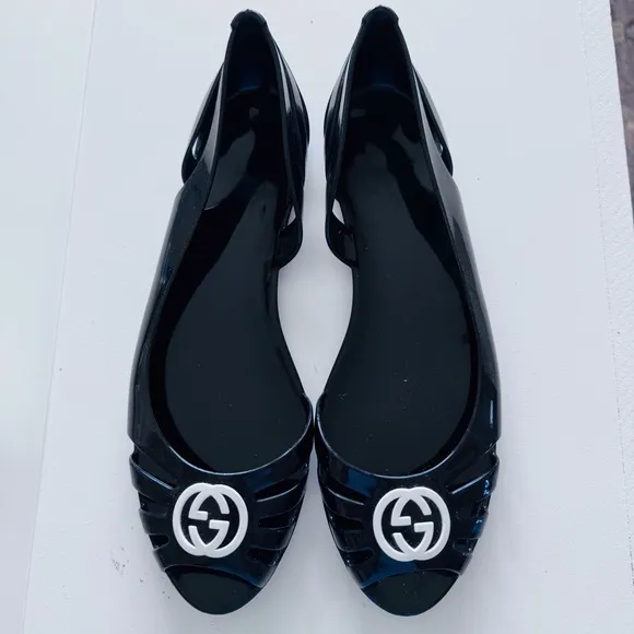 Gucci Black Rubber Jelly Cutout Accent D’Orsay Flats Classic Elegance Size 40/9