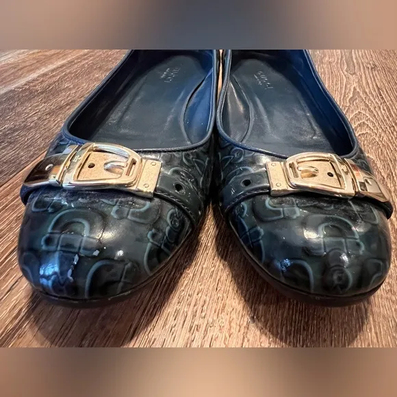 Gucci Blue Horsebit Patent Leather Flats