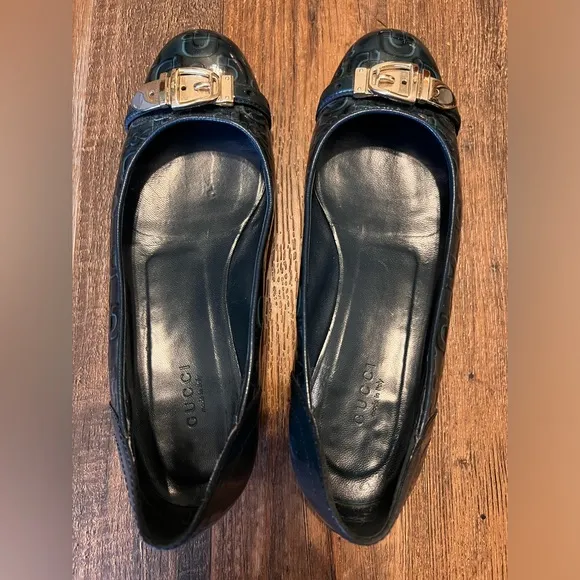 Gucci Blue Horsebit Patent Leather Flats